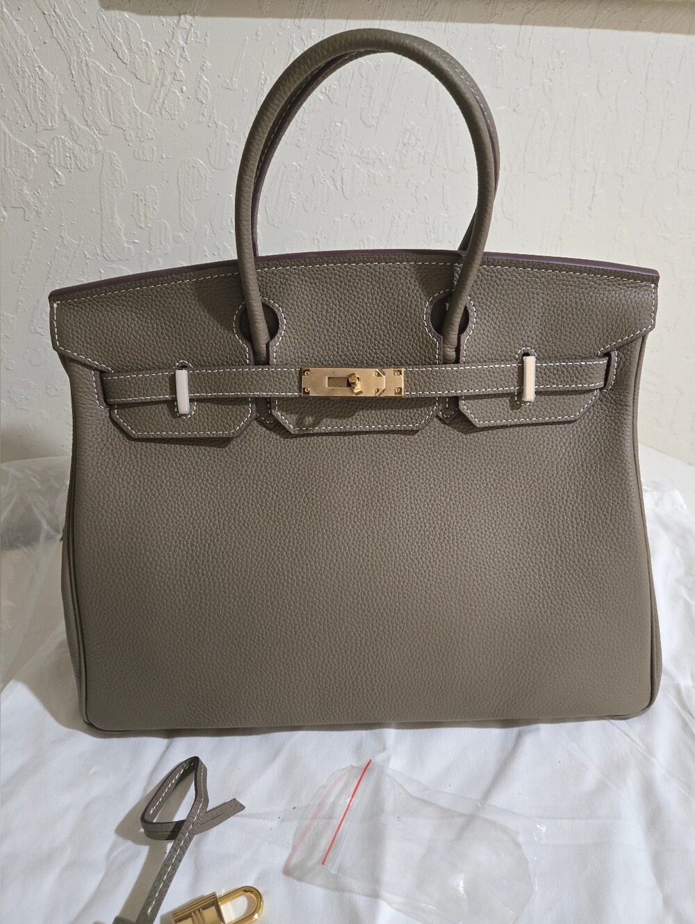 Classic Taupe Structured Leather Tote Bag